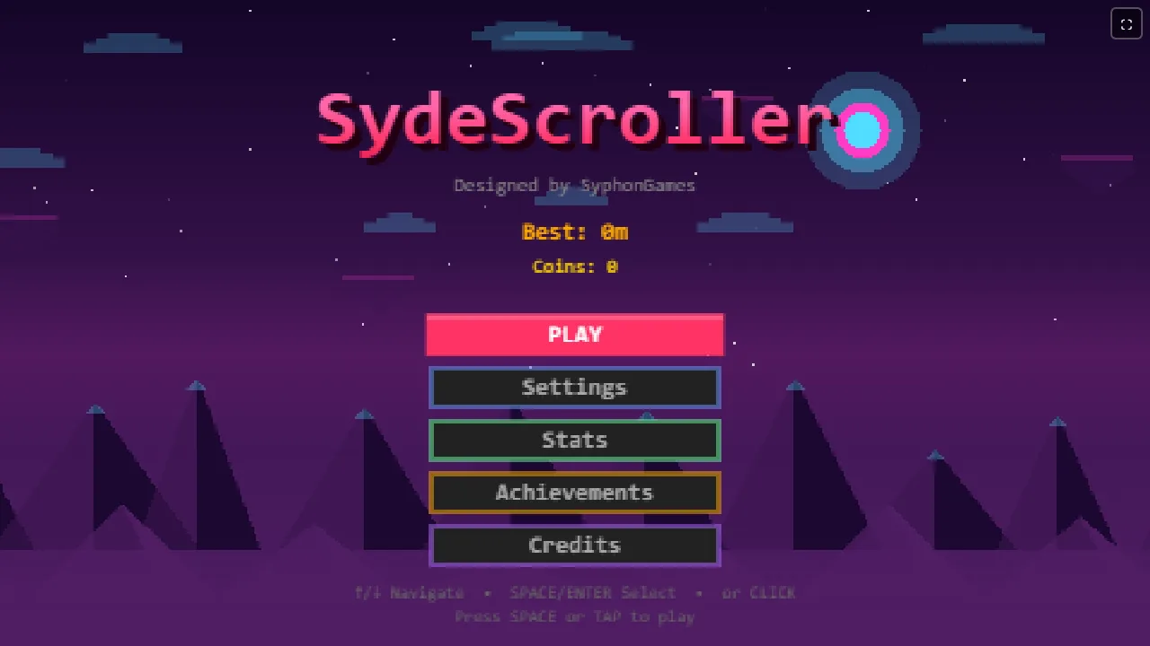 The SydeScroller main menu in purple pixel art, with Play, Settings, Stats, Achievements and Credits.