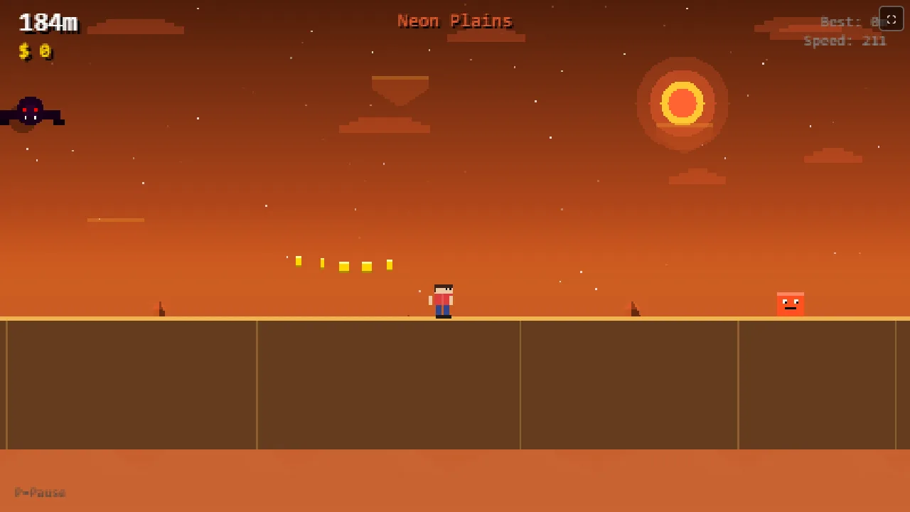 Running across the Neon Plains at 184 metres, with a line of coins ahead, a bat overhead and a red blob in the way.