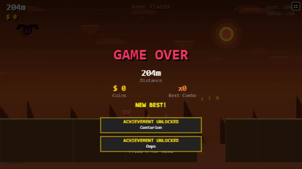 The game over screen at 204 metres, showing a new best distance and two achievements unlocked.