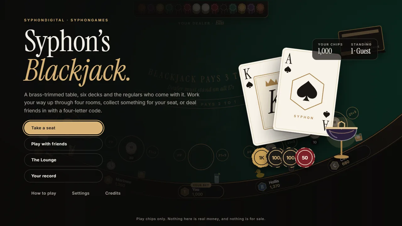 The Syphon's Blackjack lobby: a king and an ace beside Take a seat, Play with friends, The Lounge and Your record.