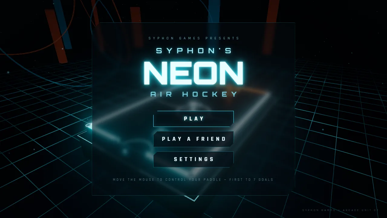The Syphon's Neon Air Hockey main menu, with Play, Play a Friend and Settings.