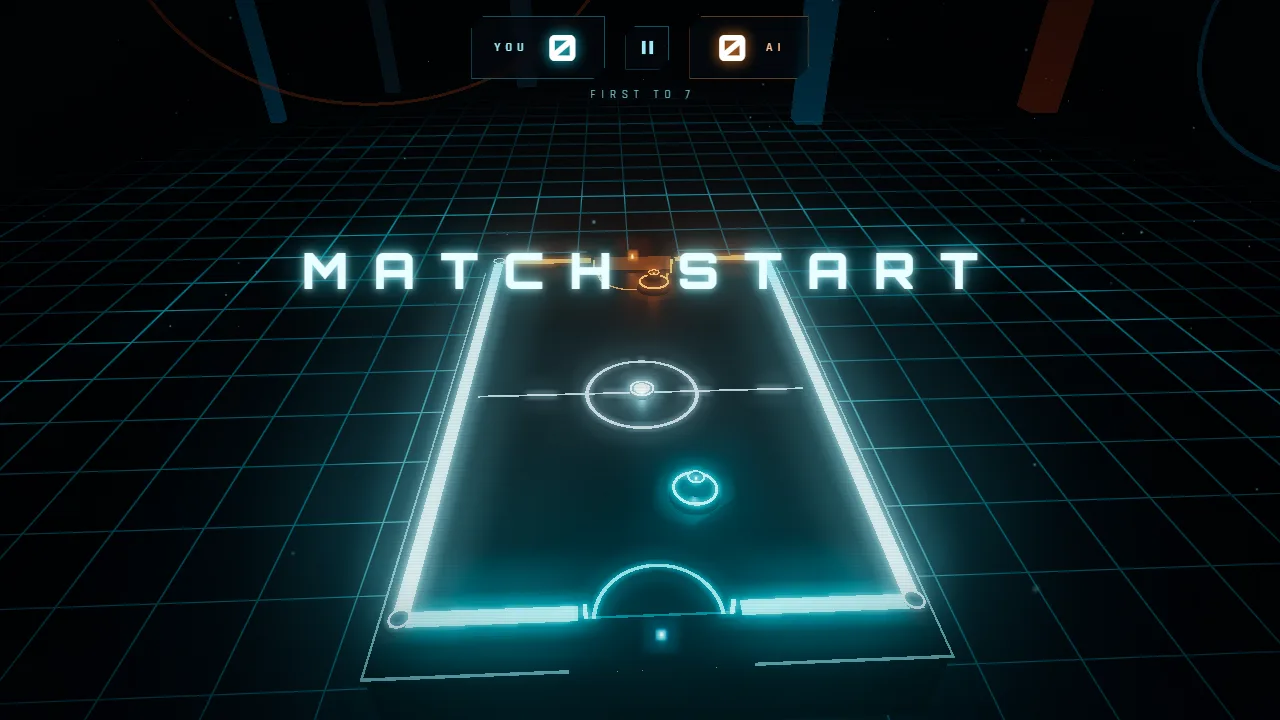 Match start: the glowing neon table seen from your end, with each side's score at the top.