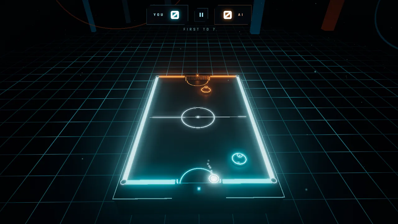 Mid-rally: the puck crossing the neon table between the two paddles.