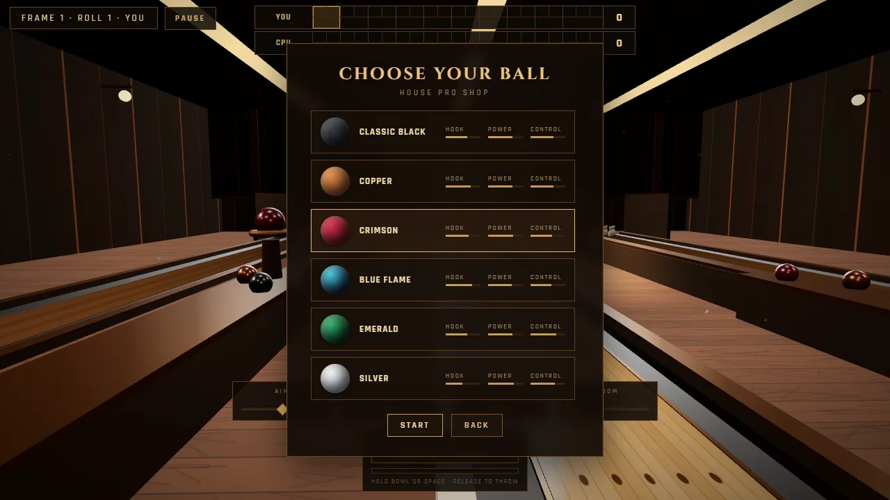 Choose your ball: six bowling balls from Classic Black to Silver, each with its own stats.