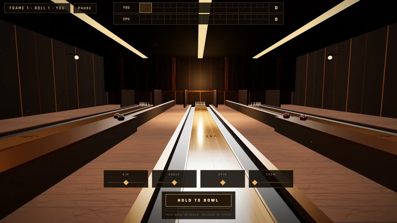 Looking down the lane at the pins from the foul line, with the Hold to Bowl button.