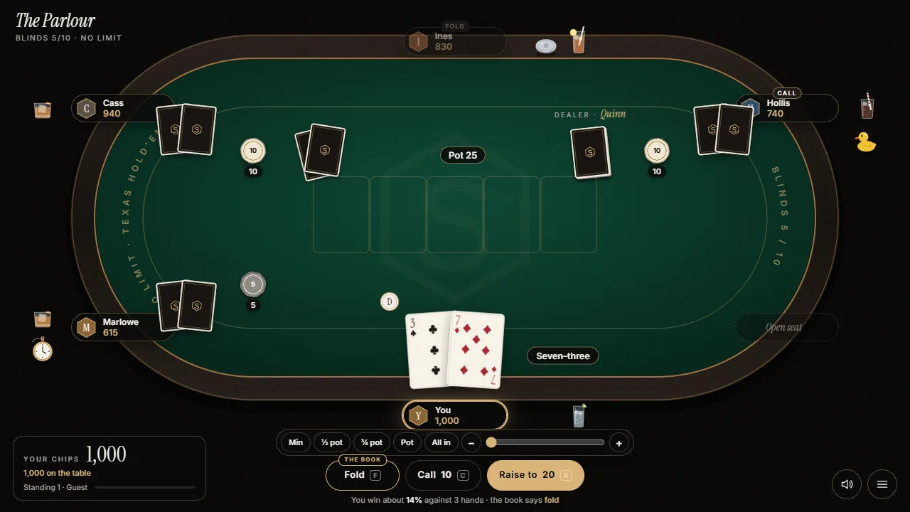 Your turn to act, with Fold, Call and Raise and a bet slider beneath your cards.