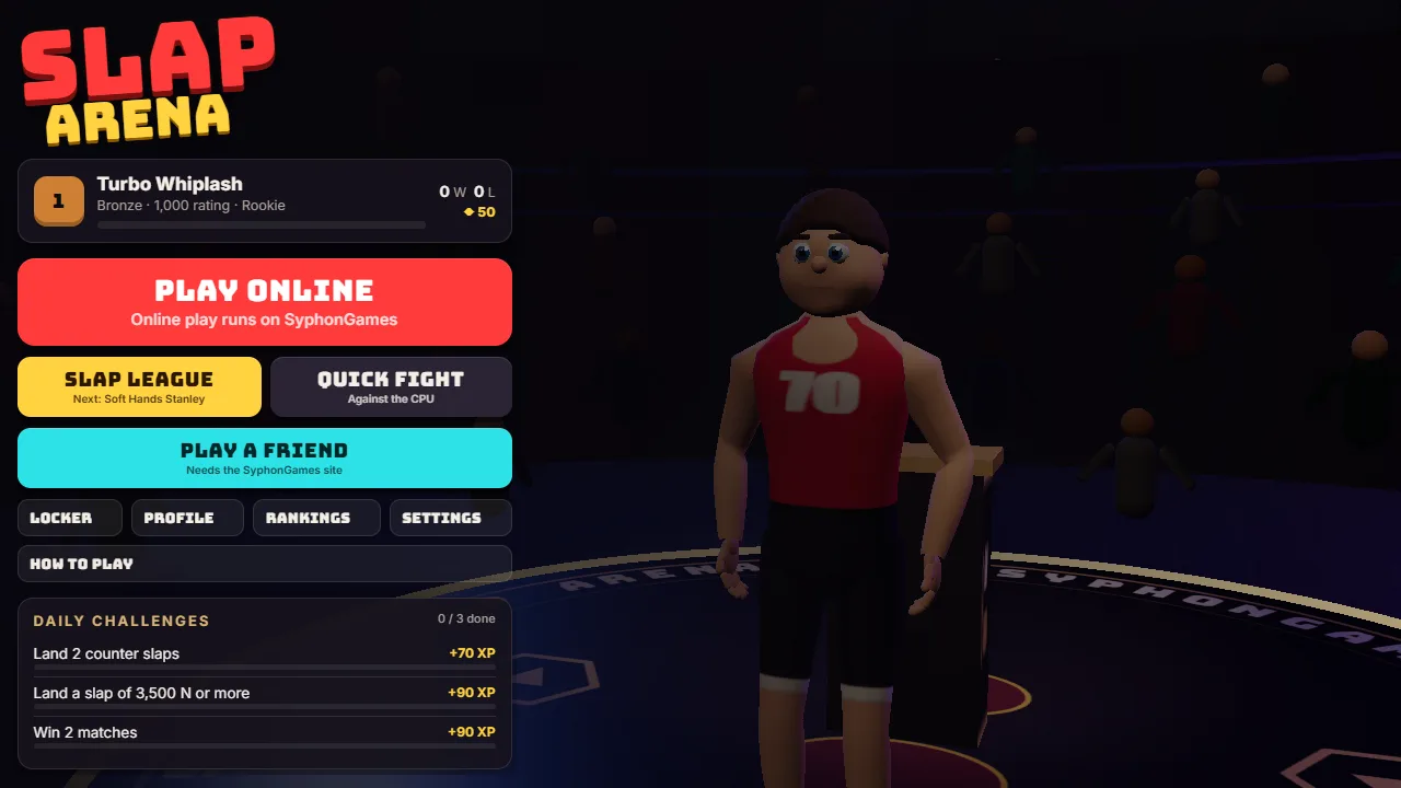 The Slap Arena menu: Play Online, Slap League, Quick Fight and Play a Friend, beside your fighter.