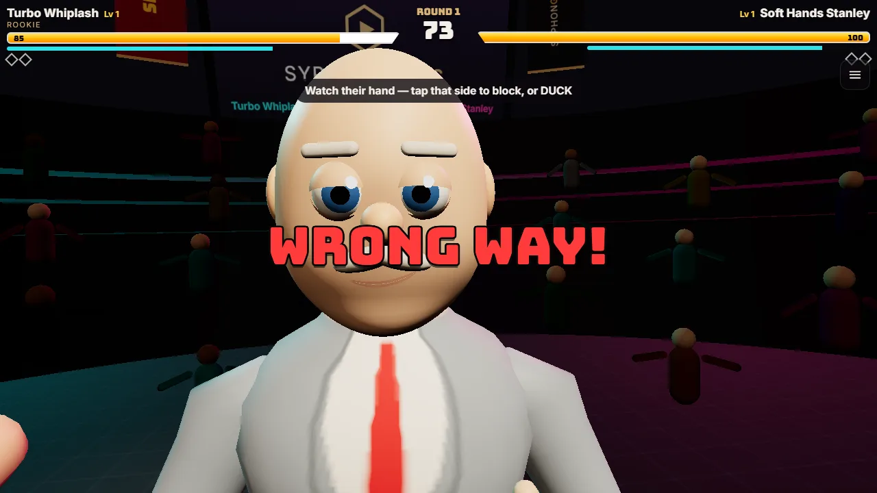 Mid-round: a mistimed block earns a Wrong Way!, with the hint to watch their hand and block on that side.