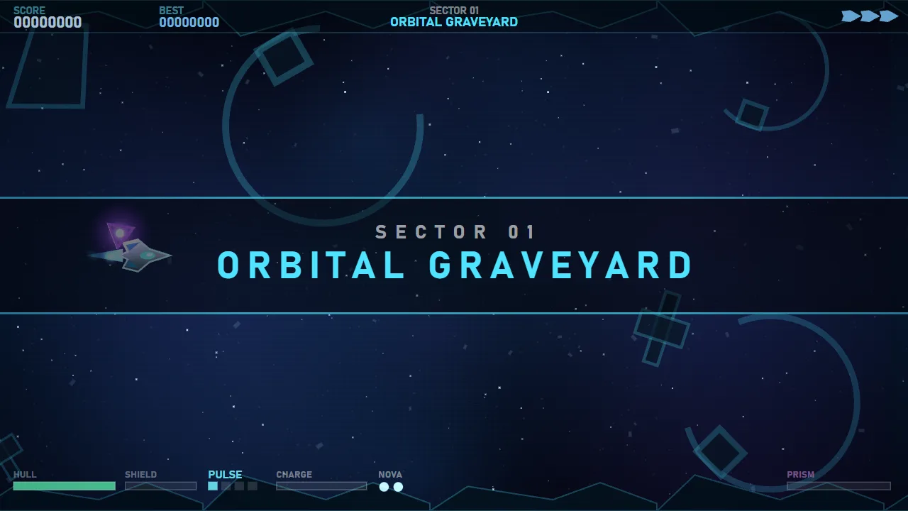 The ship entering Sector 01, the Orbital Graveyard, a field of drifting wreckage.