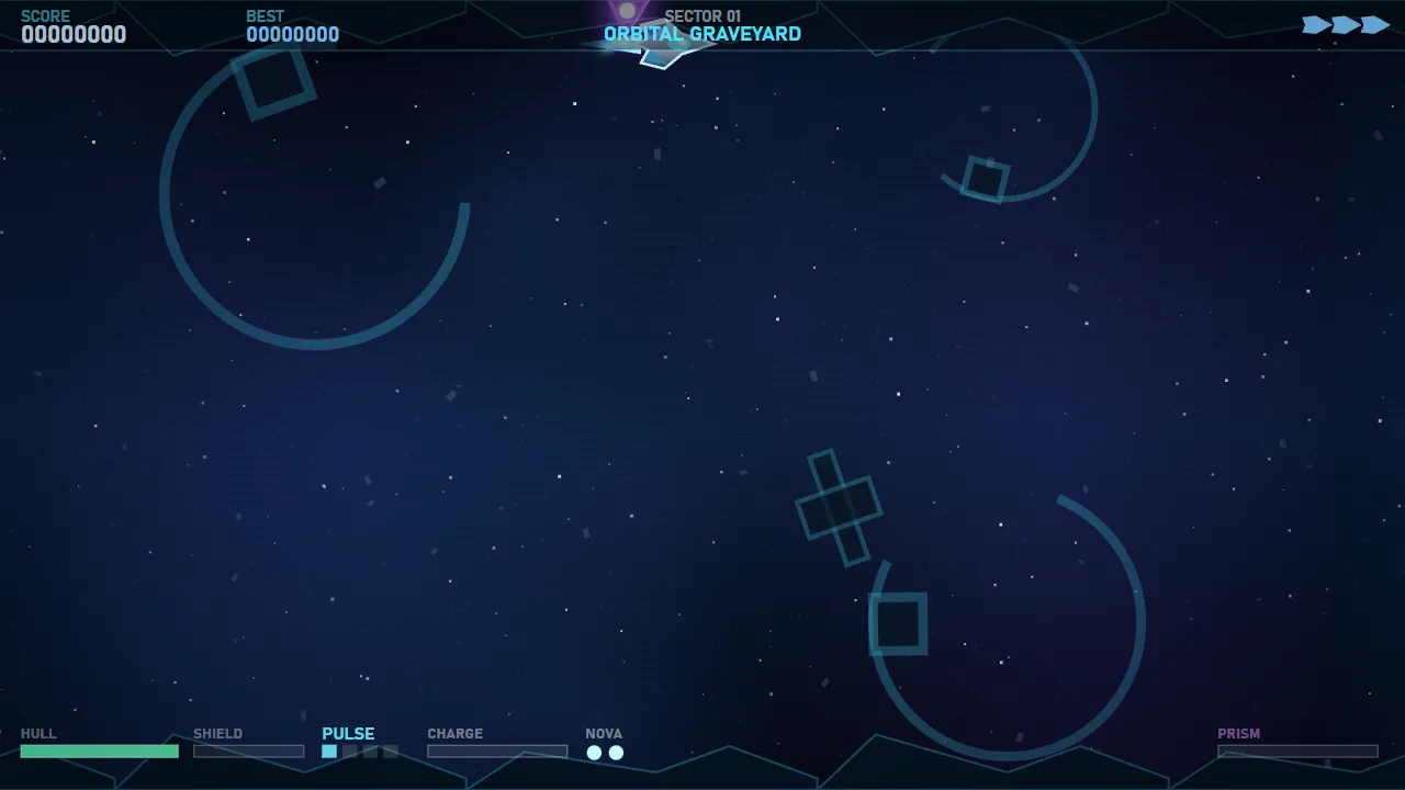 Flying through the Orbital Graveyard, with the health, shield and weapon meters along the bottom.