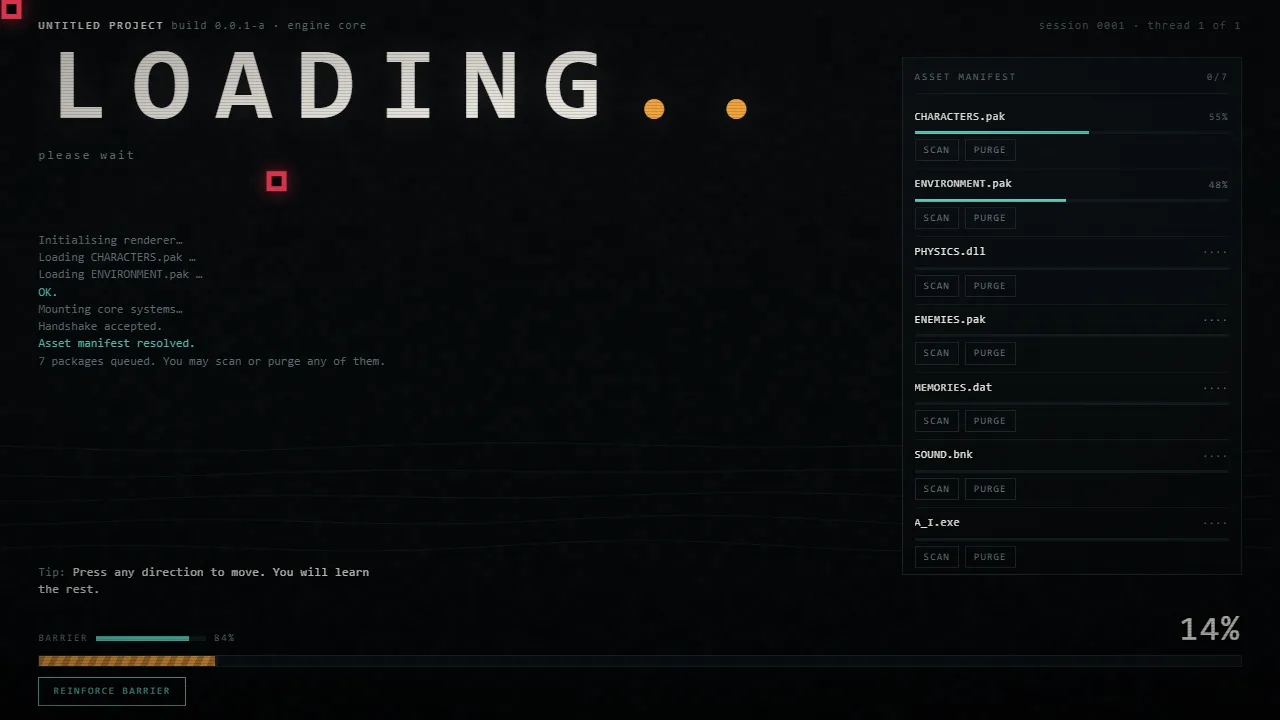 The loading screen at 14 percent, with the asset manifest on the right and a log of what has loaded so far.
